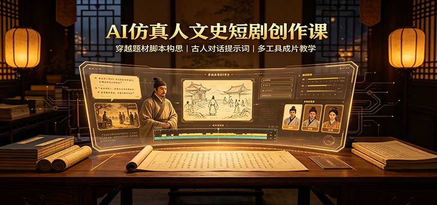 AI仿真人文史短剧创作课：穿越题材脚本构思，古人对话提示词，多工具成片教学-777网创网