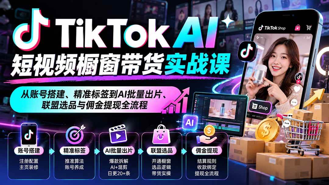 (20725期)TikTok AI短视频橱窗带货实战课:从账号搭建、精准标签到AI批量出片、联盟选品与佣金提现全流程-777网创网
