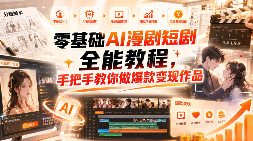 零基础AI漫剧短剧全能教程,从AI智能体搭建、文案脚本分镜、多平台AI生视频、剪映精修,覆盖全题材创作,手把手教你做爆款变现作品-777网创网