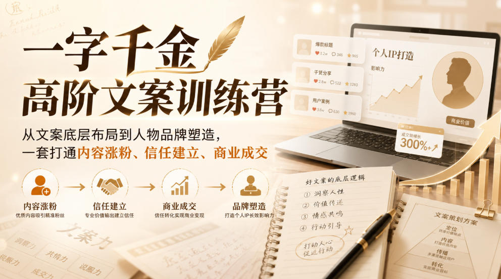一字千金高阶文案训练营，从文案底层布局到人物品牌塑造，一套打通内容涨粉、信任建立、商业成交-777网创网