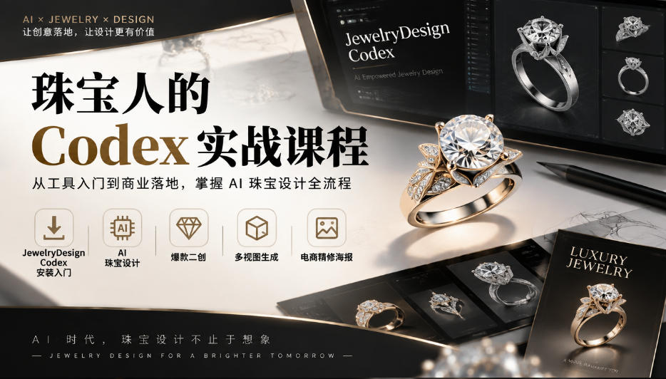 珠宝人的Codex实战课程|JewelryDesign Codex安装入门、AI珠宝设计、爆款二创、多视图生成、电商精修海报全链路教学-777网创网