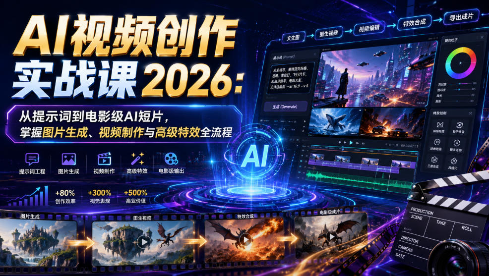 AI视频创作实战课2026:从提示词到电影级AI短片,掌握图片生成、视频制作与高级特效全流程-777网创网