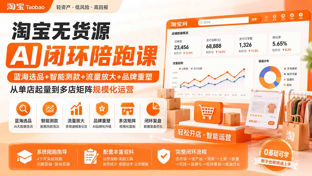 淘宝无货源AI闭环陪跑课：蓝海选品+智能测款+流量放大+品牌重塑，从单店起量到多店矩阵规模化运营-777网创网