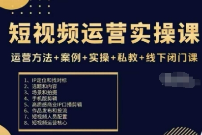 短视频运营实操课，运营方法+案例+实操+私教+线下闭门课-777网创网
