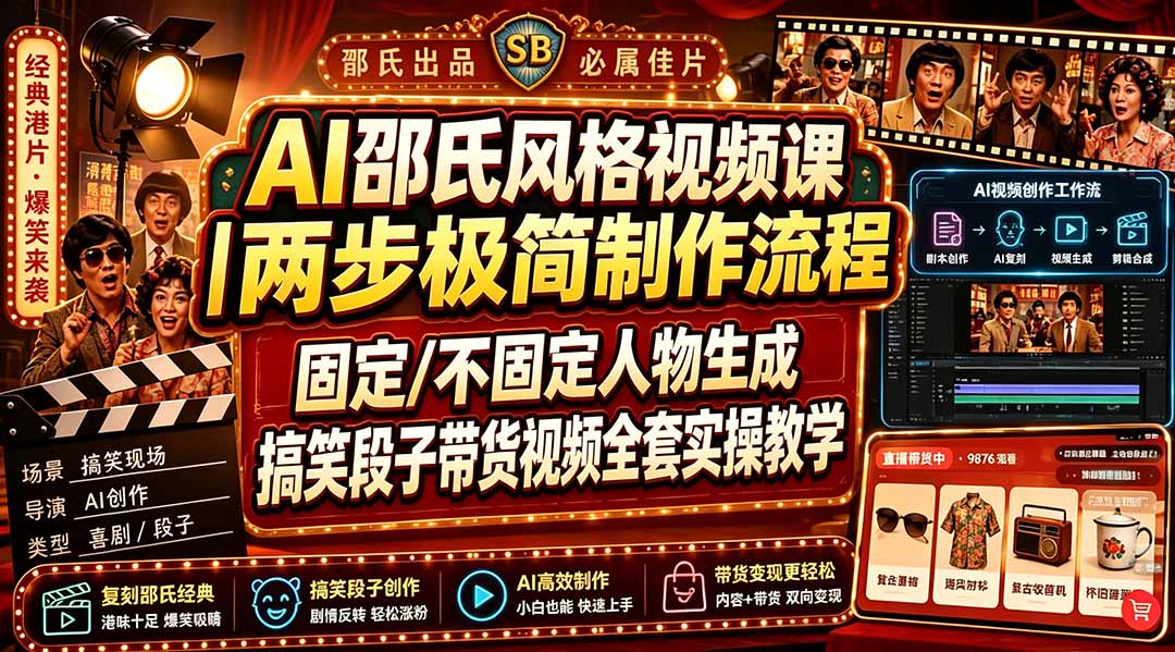 AI邵氏风格视频课|两步极简制作流程,固定/不固定人物生成,搞笑段子带货视频全套实操教学-777网创网