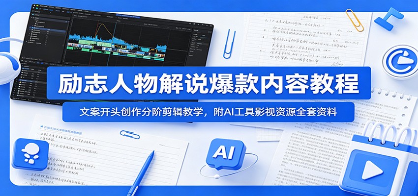 励志人物解说爆款内容教程：文案开头创作分阶剪辑教学，附AI 工具影视资源全套资料-777网创网
