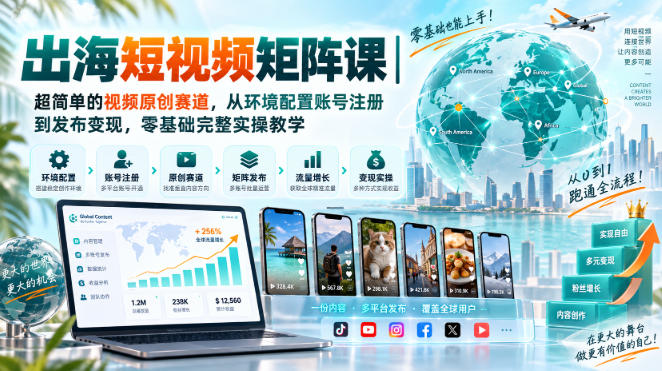 出海短视频矩阵课｜超简单的视频原创赛道，从环境配置账号注册到发布变现，零基础完整实操教学-777网创网