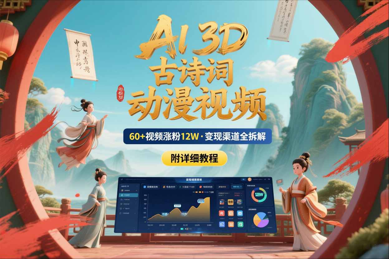AI制作3D古诗词动漫视频，60多个视频涨粉12W，多个变现渠道拆解【附详细教程】-777网创网