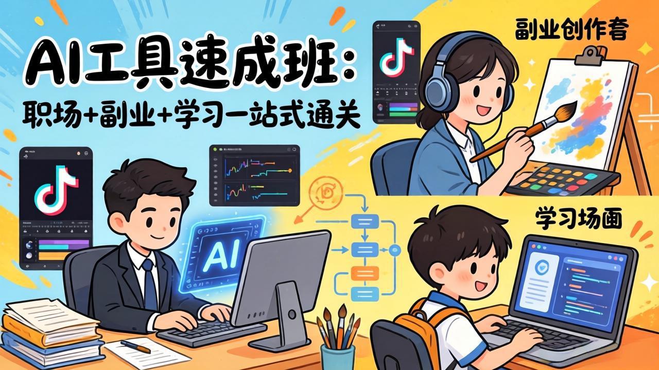 AI工具速成班：职场+副业+学习一站式通关，20+爆款类型+剪映技巧+抖音算法，0基础快速上手-777网创网
