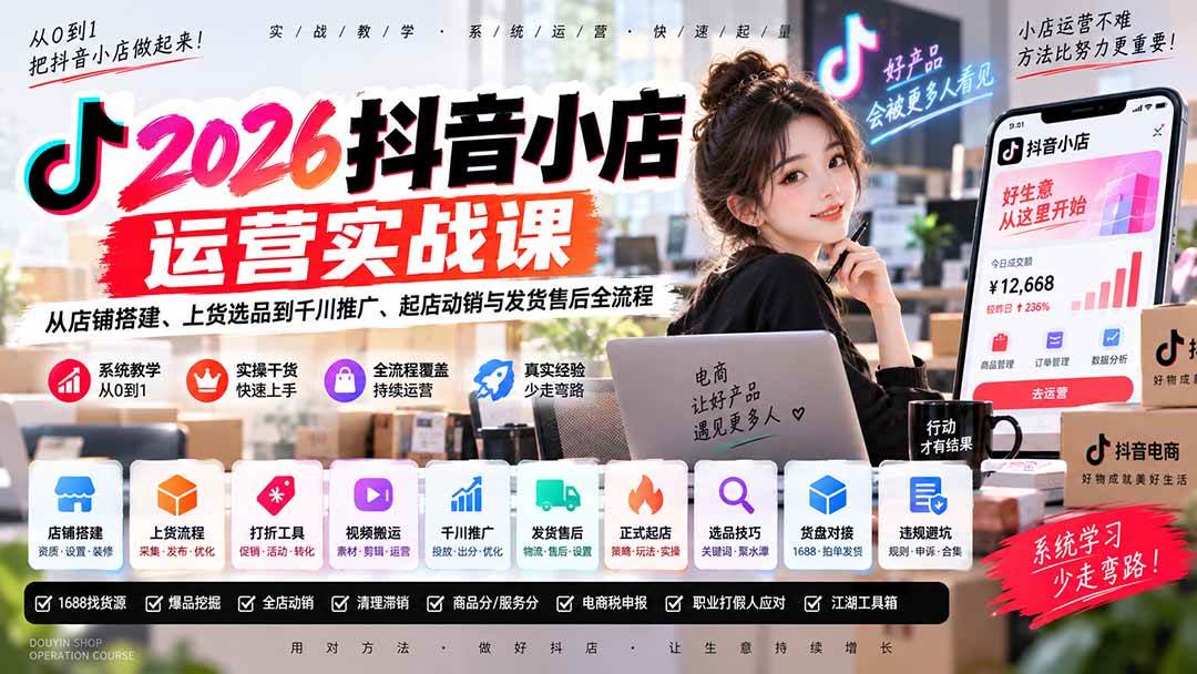 (20568期)2026抖音小店运营实战课|从店铺搭建、上货选品到千川推广、起店动销与发货售后全流程-777网创网
