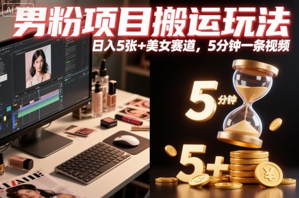 男粉项目搬运玩法,日入5张+美女赛道,5分钟一条视频