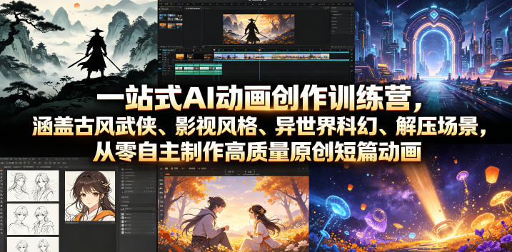 一站式AI动画创作训练营，涵盖古风武侠、影视风格、异世界科幻、解压场景，从零自主制作高质量原创短篇动画-777网创网