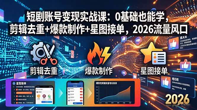 (18160期)短剧账号变现实战课:0基础也能学,剪辑去重+爆款制作+星图接单,2026流量风口-777网创网