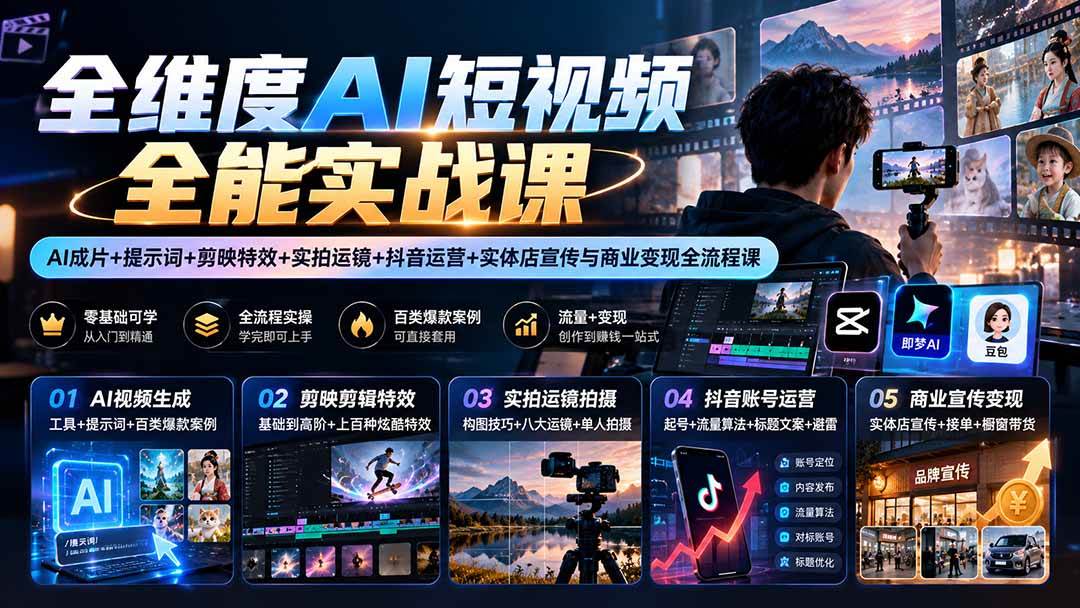 (20768期)【无水印】全维度AI短视频全能实战课:AI成片+提示词+剪映特效+实拍运镜+抖音运营+实体店宣传与商业变现全流程课-777网创网