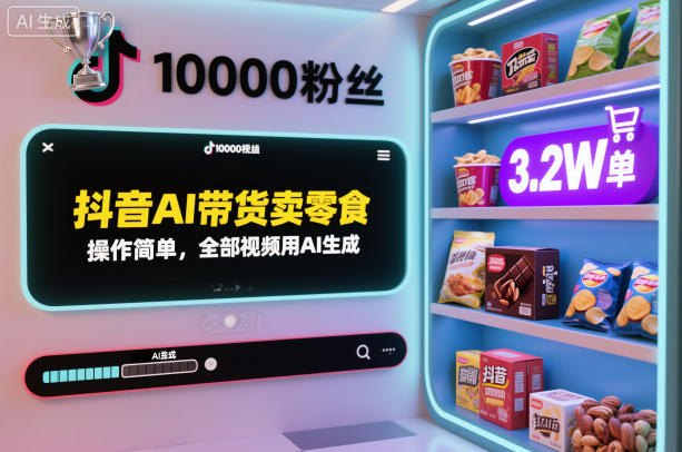 抖音AI带货卖零食,操作简单,全部视频用AI生成,一万粉丝,卖了3.2W单