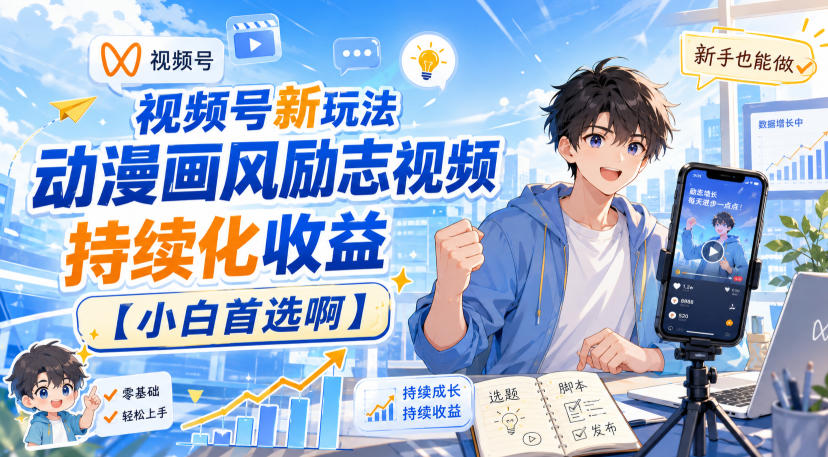 视频号新玩法动漫画风励志视频，持续化收益【小白首选啊】-777网创网