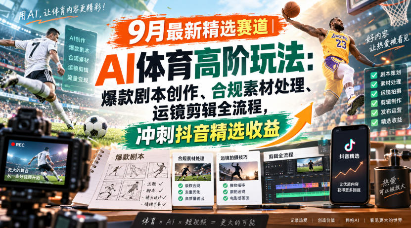 某大佬的9月最新精选赛道之AI体育顶级玩法，爆款剧本创作、版权规避、运镜剪辑全流程，稳拿抖音精选收益-777网创网