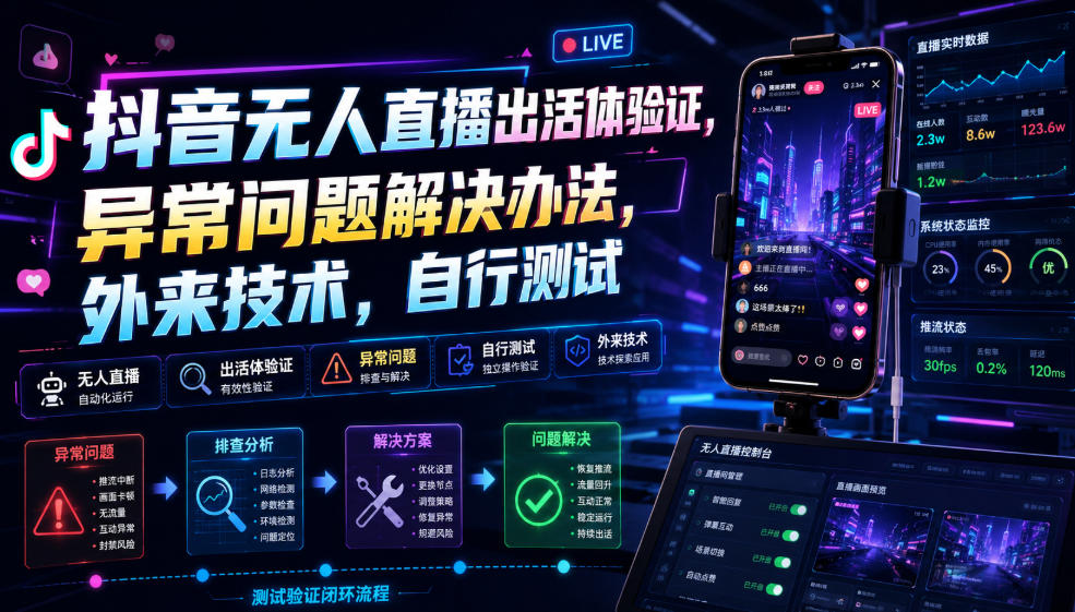 抖音无人直播出活体验证，异常问题解决办法，外来技术，自行测试-777网创网