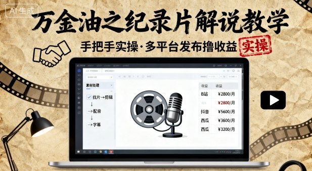 万金油之纪录片解说教学，手把手教你，完全实操，多平台发布撸收益-777网创网