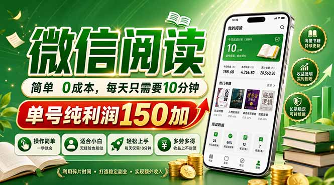 最新微信阅读，每日10分钟，单号利润150+，可批量放大操作，简单0成本-777网创网