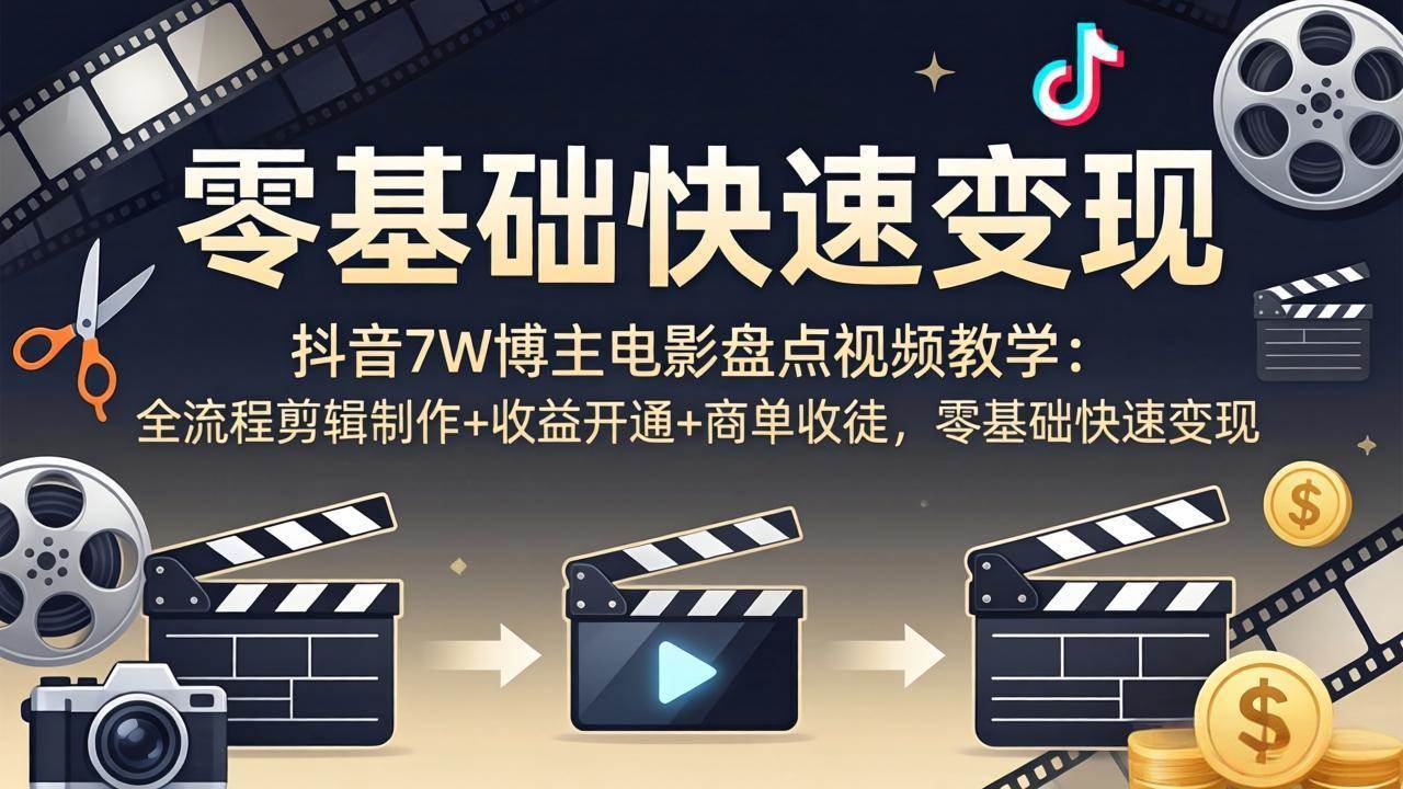 (18032期)抖音7W博主电影盘点视频教学:全流程剪辑制作+收益开通+商单收徒,零基础快速变现-777网创网