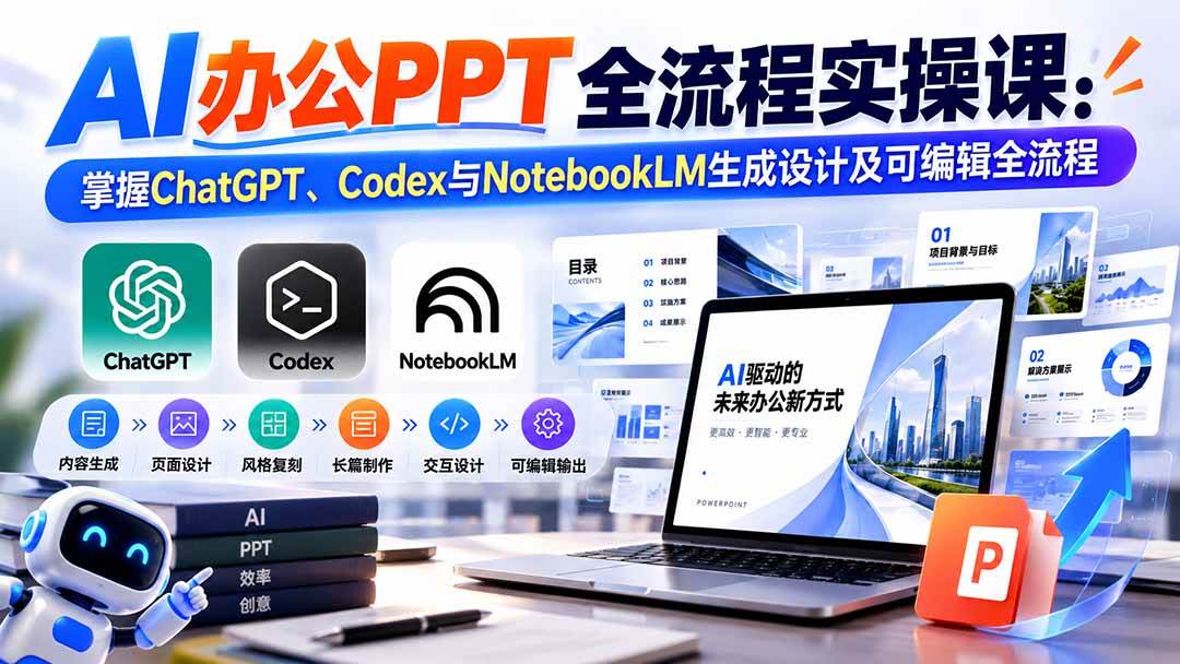 （20660期）【无水印】AI办公PPT全流程实操课： 掌握ChatGPT、Codex与NotebookLM生成设计及可编辑全流程-777网创网