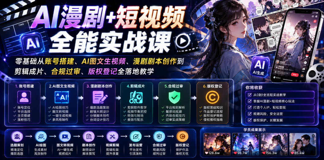 AI漫剧+短视频全能实战课|零基础从账号搭建、AI图文生视频、漫剧剧本创作到剪辑成片、合规过审、版权登记全落地教学-777网创网