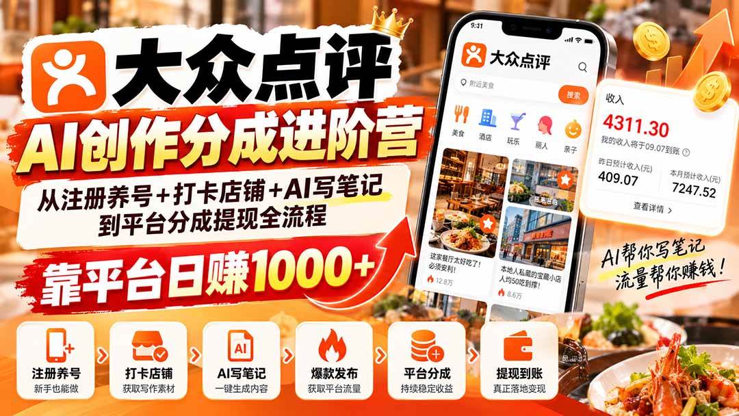 (20759期)大众点评AI创作分成进阶营:从注册养号+打卡店铺+AI写笔记到平台分成提现全流程,靠平台日赚1000+-777网创网