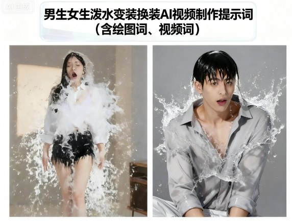 男生女生泼水变装换装AI视频制作提示词(含绘图词、视频词)-777网创网