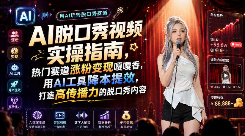AI脱口秀视频实操指南,热门赛道涨粉变现嘎嘎香,用AI工具降本提效,打造高传播力的脱口秀内容-777网创网