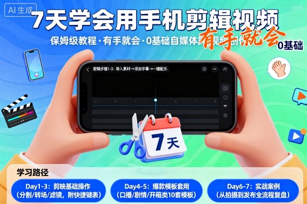 7天学会用手机剪辑视,保姆级教程,有手就会,0基础自媒体短视频创作教程