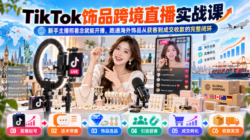 TikTok饰品跨境直播实战课，新手主播照着念就能开播，跑通海外饰品从获客到成交收款的完整闭环-777网创网