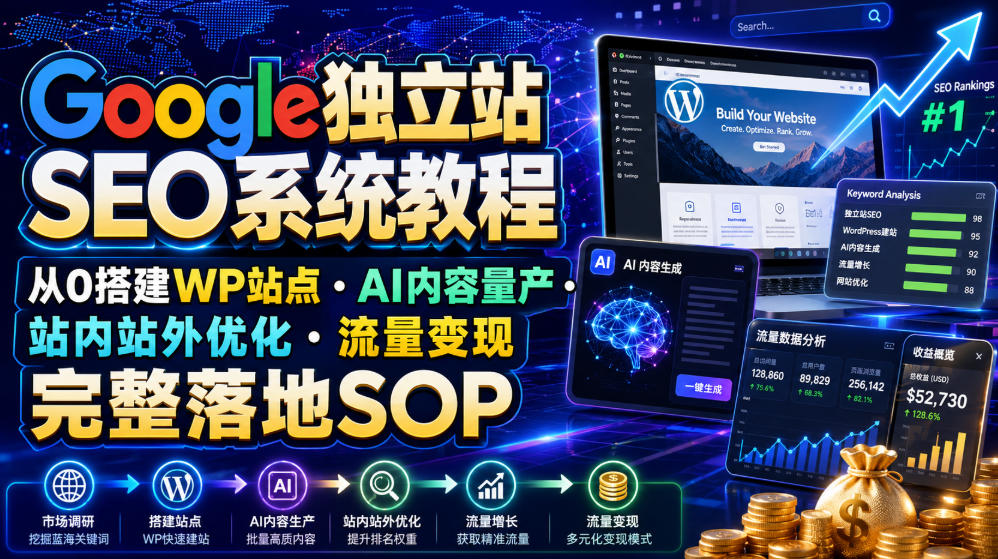 Google独立站SEO系统教程，从0搭建WP站点・AI内容量产・站内站外优化・流量变现完整落地SOP（2026年7月）-777网创网