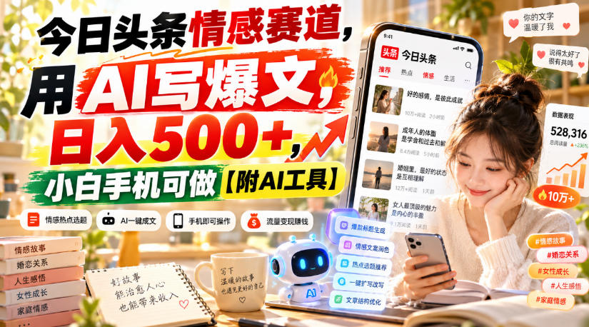 今日头条情感赛道,用AI写爆文,日入500+,小白手机可做【附AI工具】-777网创网
