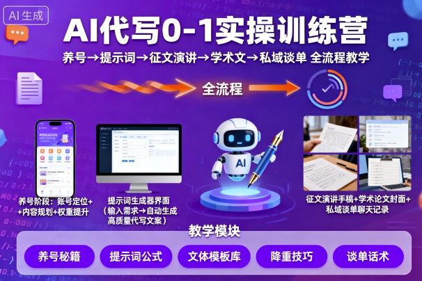 AI代写0-1实操训练营，从养号、提示词、征文演讲、学术文，到私域谈单的全流程教学-777网创网