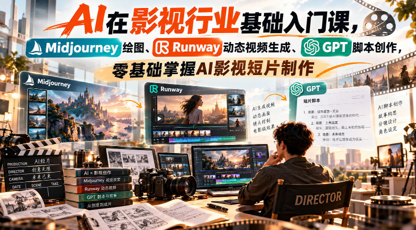 【无水印】AI在影视行业基础入门课,Midjourney绘图、Runway动态视频生成、GPT脚本创作,零基础掌握AI影视短片制作-777网创网