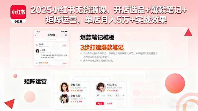 （16024期）2025小红书无货源课，开店选品+爆款笔记+矩阵运营，单店月入5万+实战效果-777网创网
