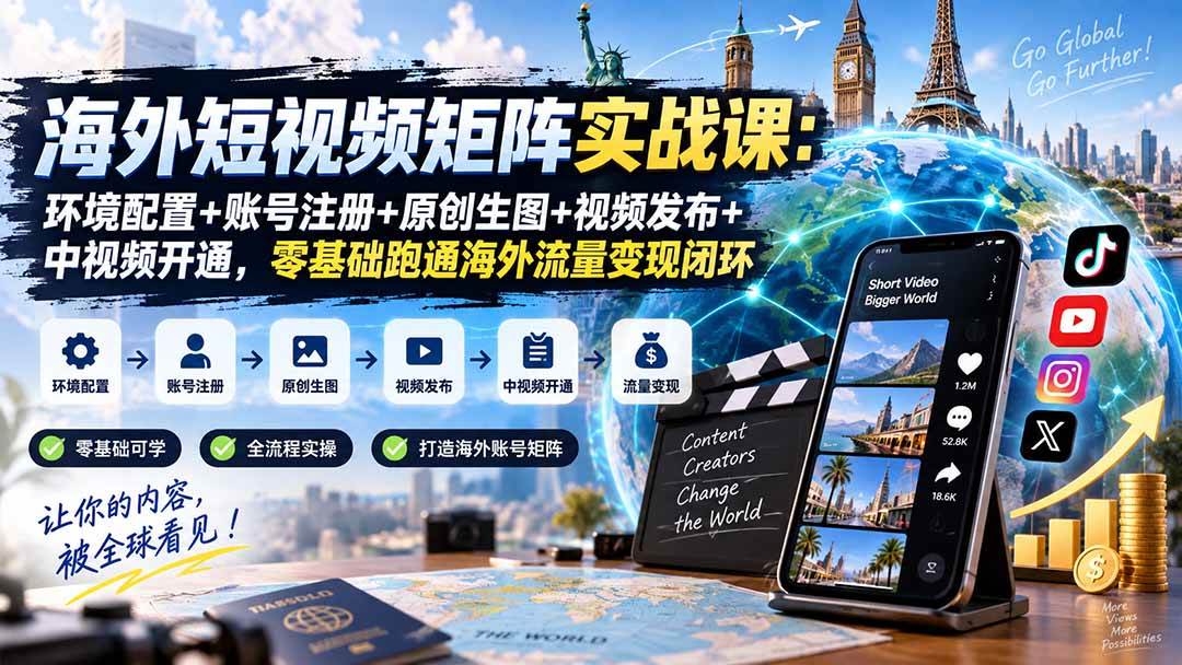 （20470期）海外短视频矩阵实战课：环境配置+账号注册+原创生图+视频发布+中视频开通，零基础跑通海外流量变现闭环-777网创网