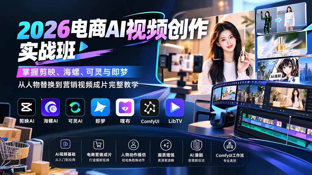 (20466期)2026电商AI视频创作实战班:掌握剪映、海螺、可灵与即梦,从人物替换到营销视频成片完整教学-777网创网