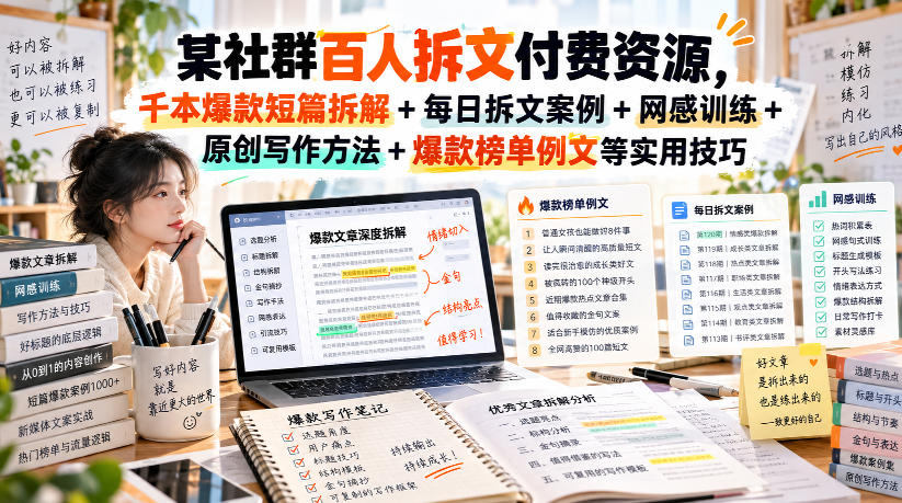 (无水印)某社群百人拆文付费资源,千本爆款短篇拆解+每日拆文案例+网感训练+原创写作方法+爆款榜单例文等实用技巧(更新0926)