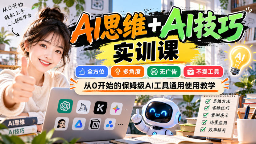 【无水印】AI思维+AI技巧实训课，全方位、多角度、无广告、不卖工具，从0开始的保姆级AI工具通用使用教学-777网创网