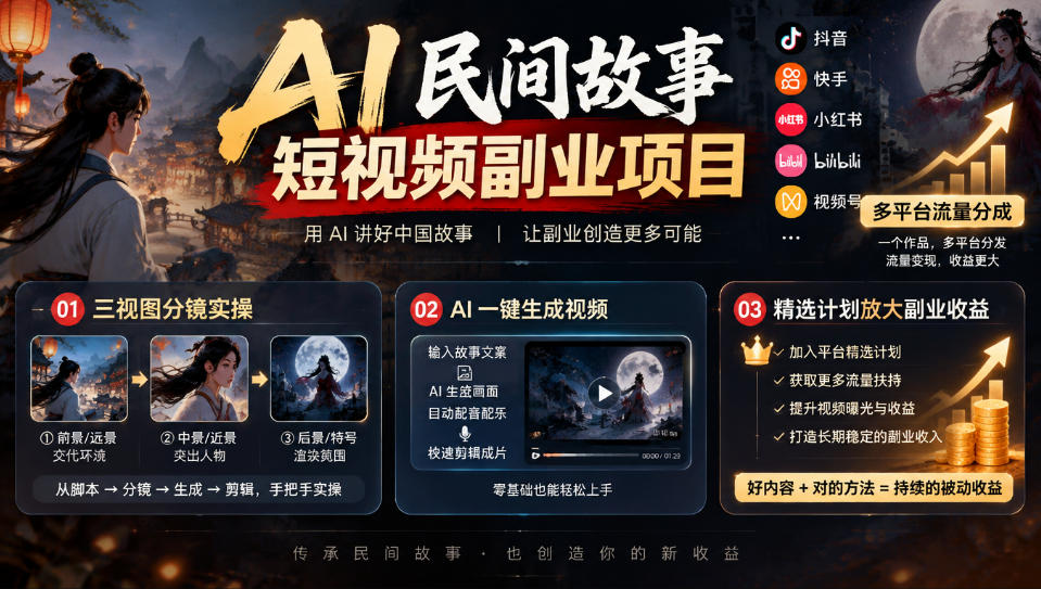 AI民间故事短视频副业项目,多平台流量分成,三视图分镜实操,精选计划放大副业收益-777网创网