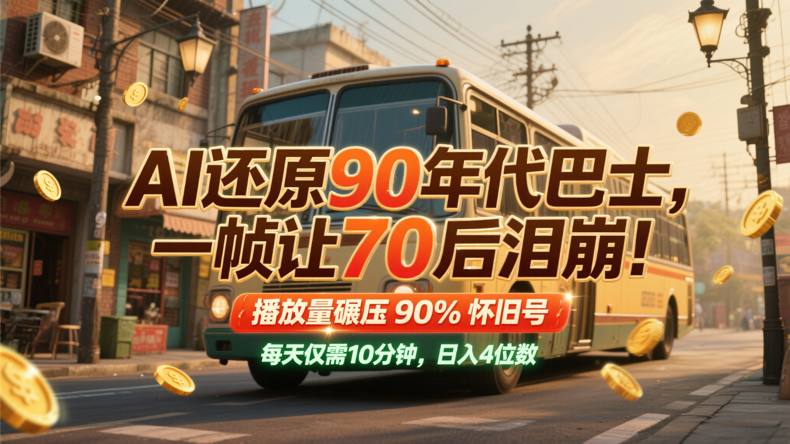 AI还原90年代巴士，一帧让70后泪崩！播放量碾压90%怀旧号，每天10分钟，日入4位数-777网创网