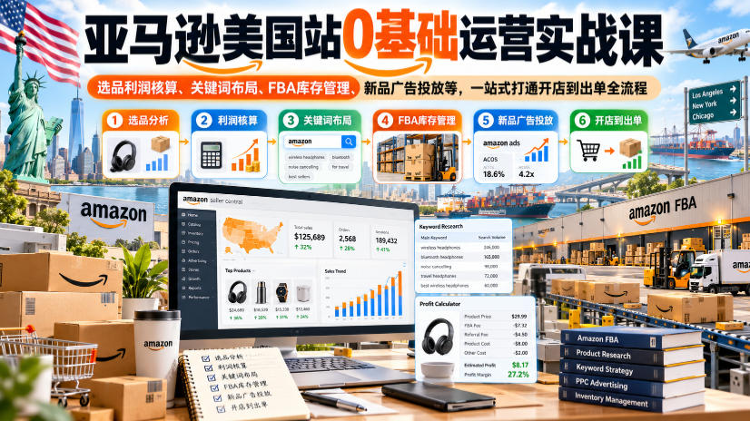 亚马逊美国站0基础运营实战课｜选品利润核算、关键词布局、FBA库存管理、新品广告投放等，一站式打通开店到出单全流程-777网创网