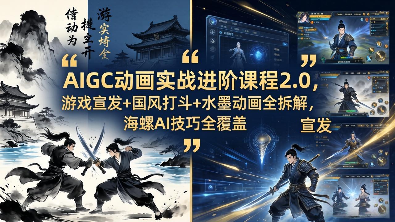 AIGC动画实战进阶课程2.0,游戏宣发+国风打斗+水墨动画全拆解,海螺AI技巧全覆盖-777网创网