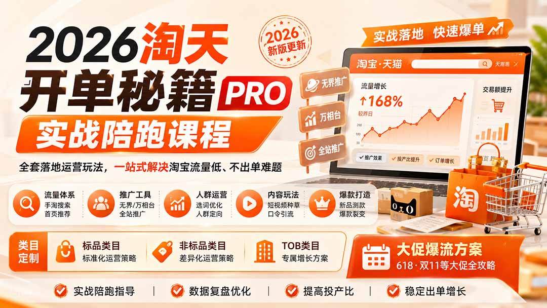 (20296期)2026淘天开单秘籍PRO实战陪跑课程:全套落地运营玩法,一站式解决淘宝流量低、不出单难题(更新260906) (20296期)2026淘天开单秘籍PRO实战陪跑课程:全套落地运营玩法,一站式解决淘宝流量低、不出单难题(更新260906)