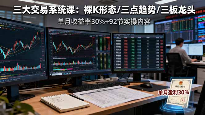 三大交易系统课：裸K形态/三点趋势/三板体系，单月收益率30%+92节实操内容-777网创网