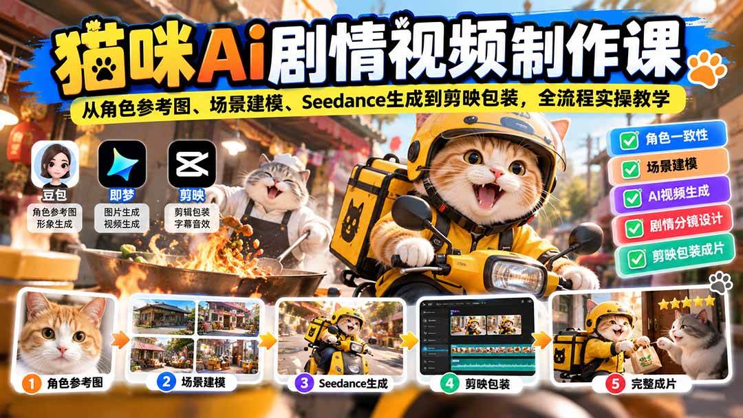 (20793期)猫咪AI剧情视频制作课:从角色参考图、场景建模、Seedance生成到剪映包装,全流程实操教学-777网创网
