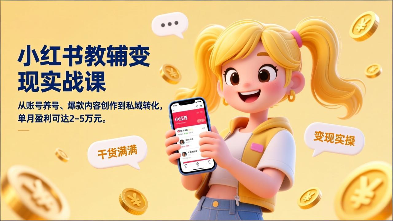小红书教辅变现实战课，从账号养号、爆款内容创作到私域转化，单月盈利可达2-5万元-777网创网