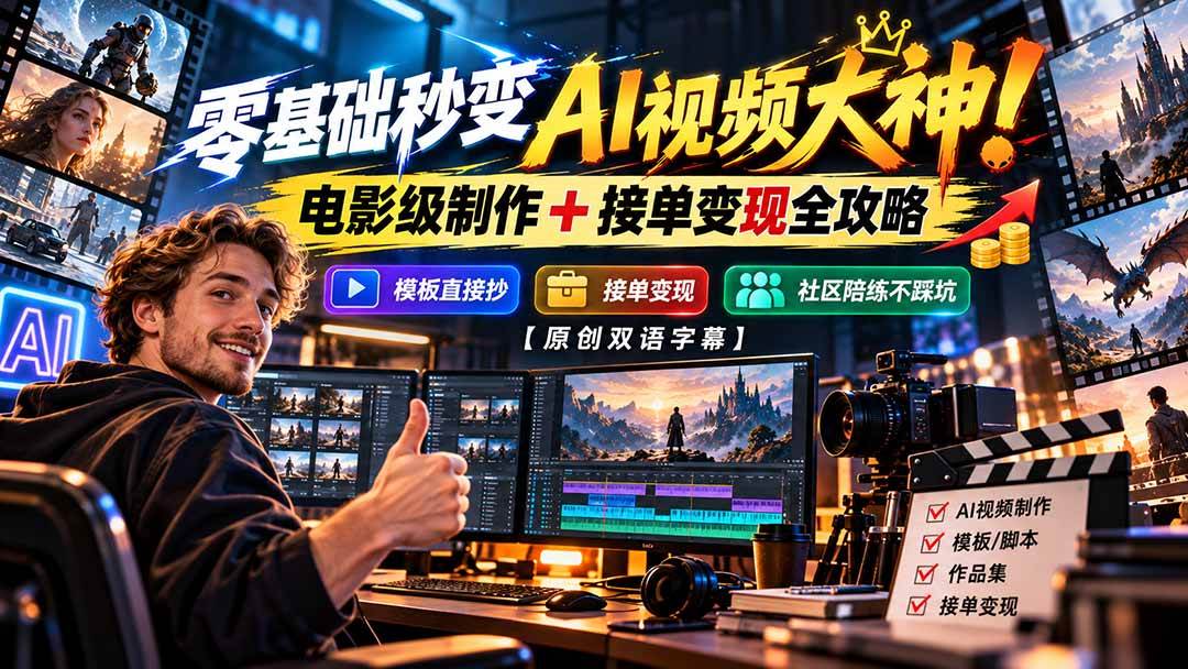 （20897期）零基础秒变AI视频大神！电影级制作 + 接单变现全攻略，模板直接抄，社区陪练不踩坑【原创双语字幕】-777网创网
